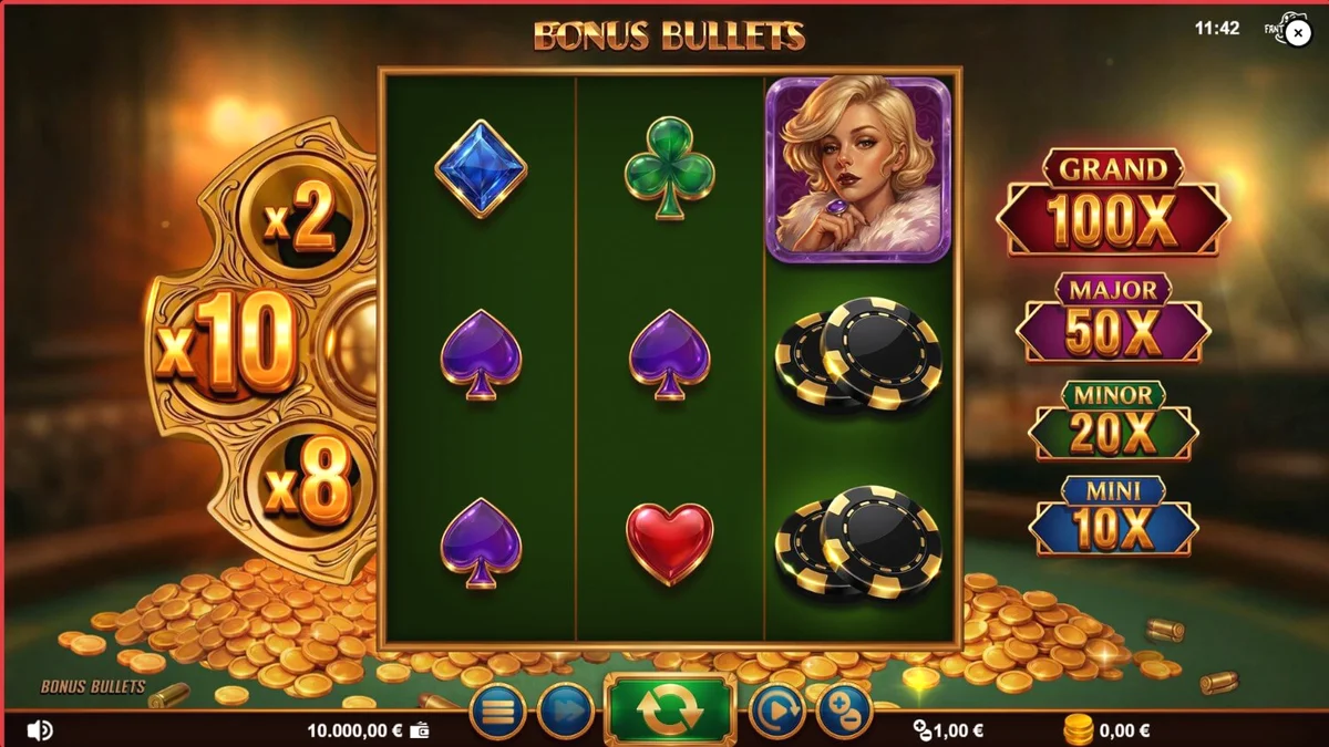 Tampilan visual slot Bonus Bullets dengan tema noir dan revolver emas
